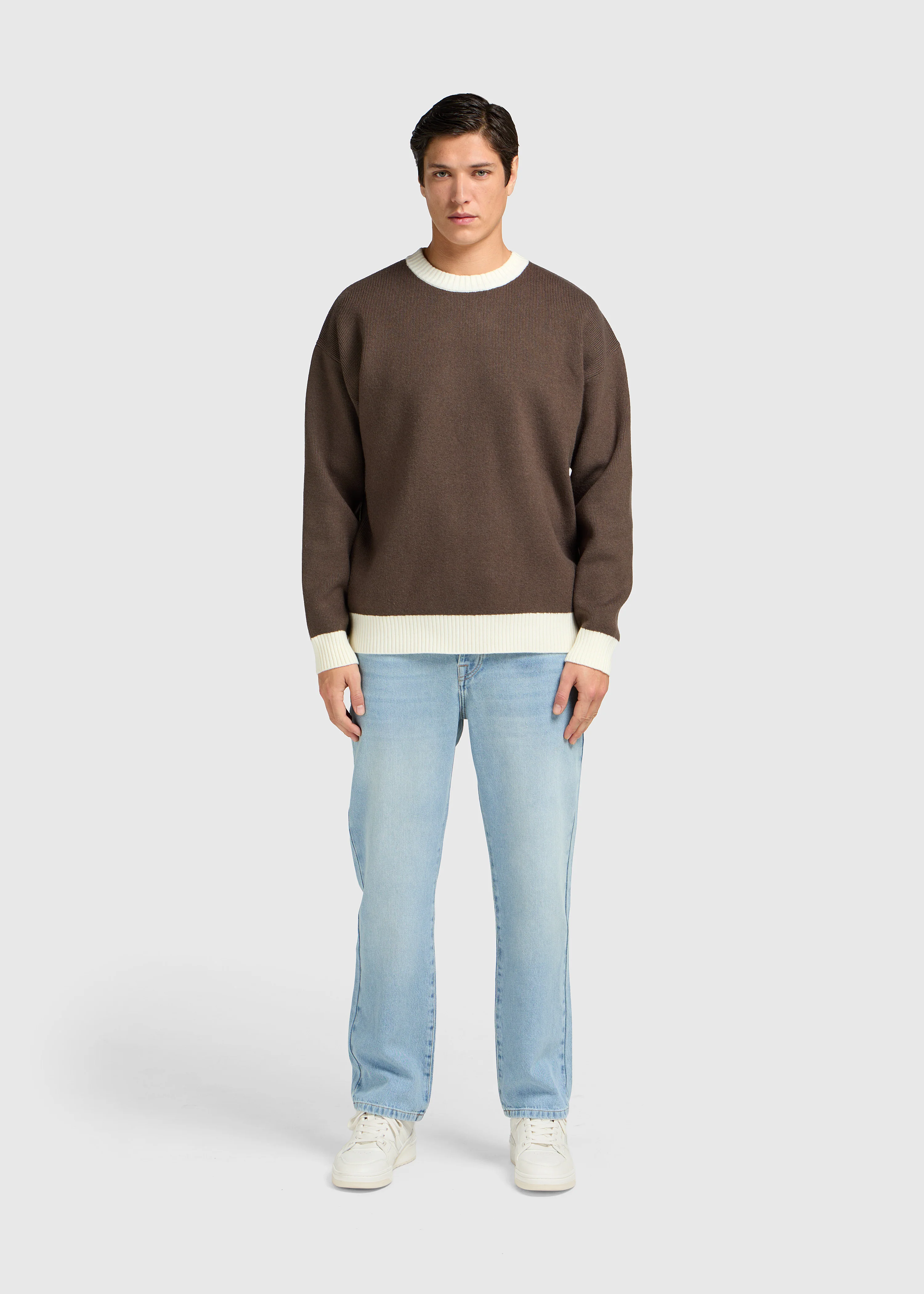 Contrast Knit Crewneck - Brown - Image 5
