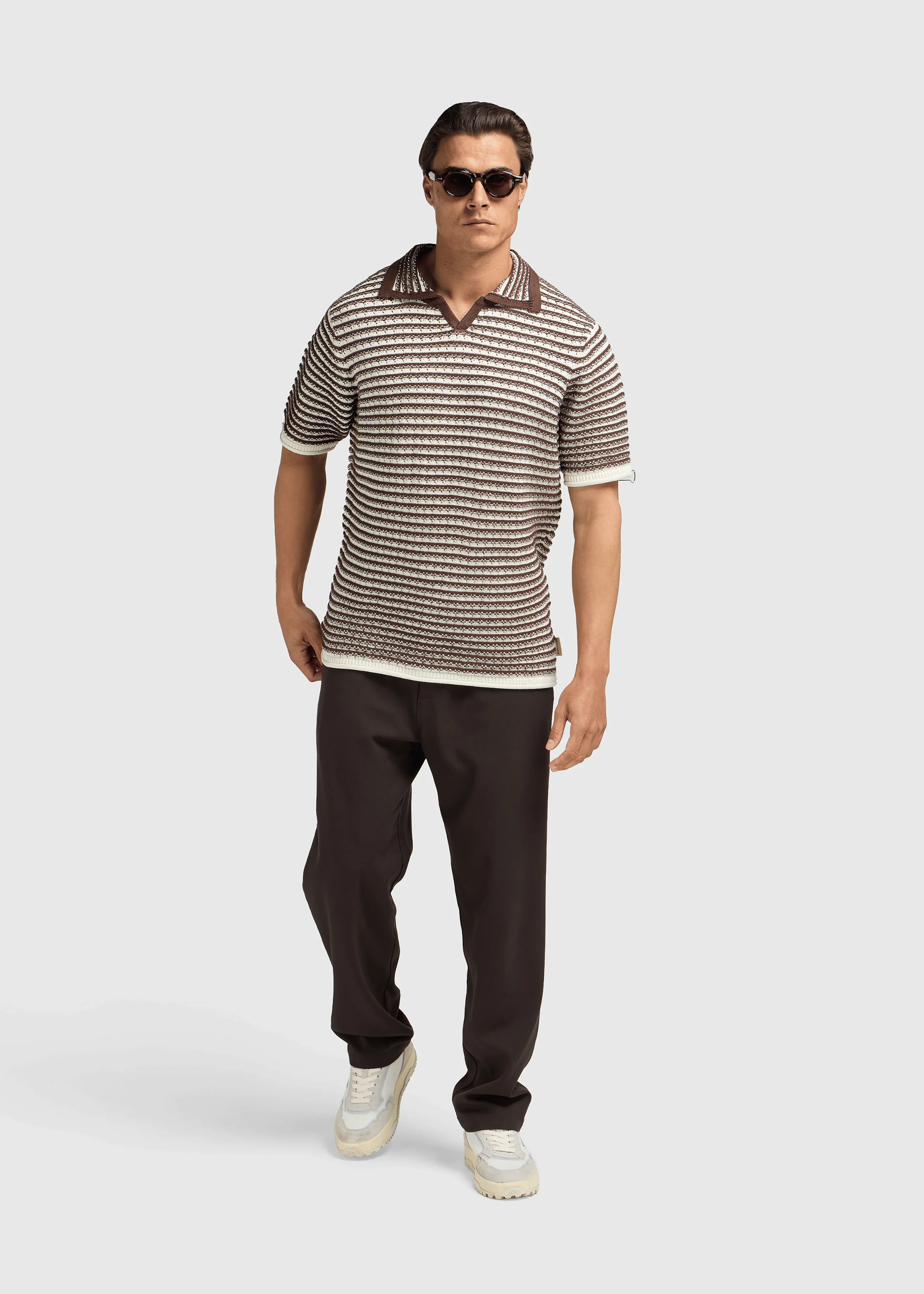 Stripe Knitted Polo - Brown - Image 7