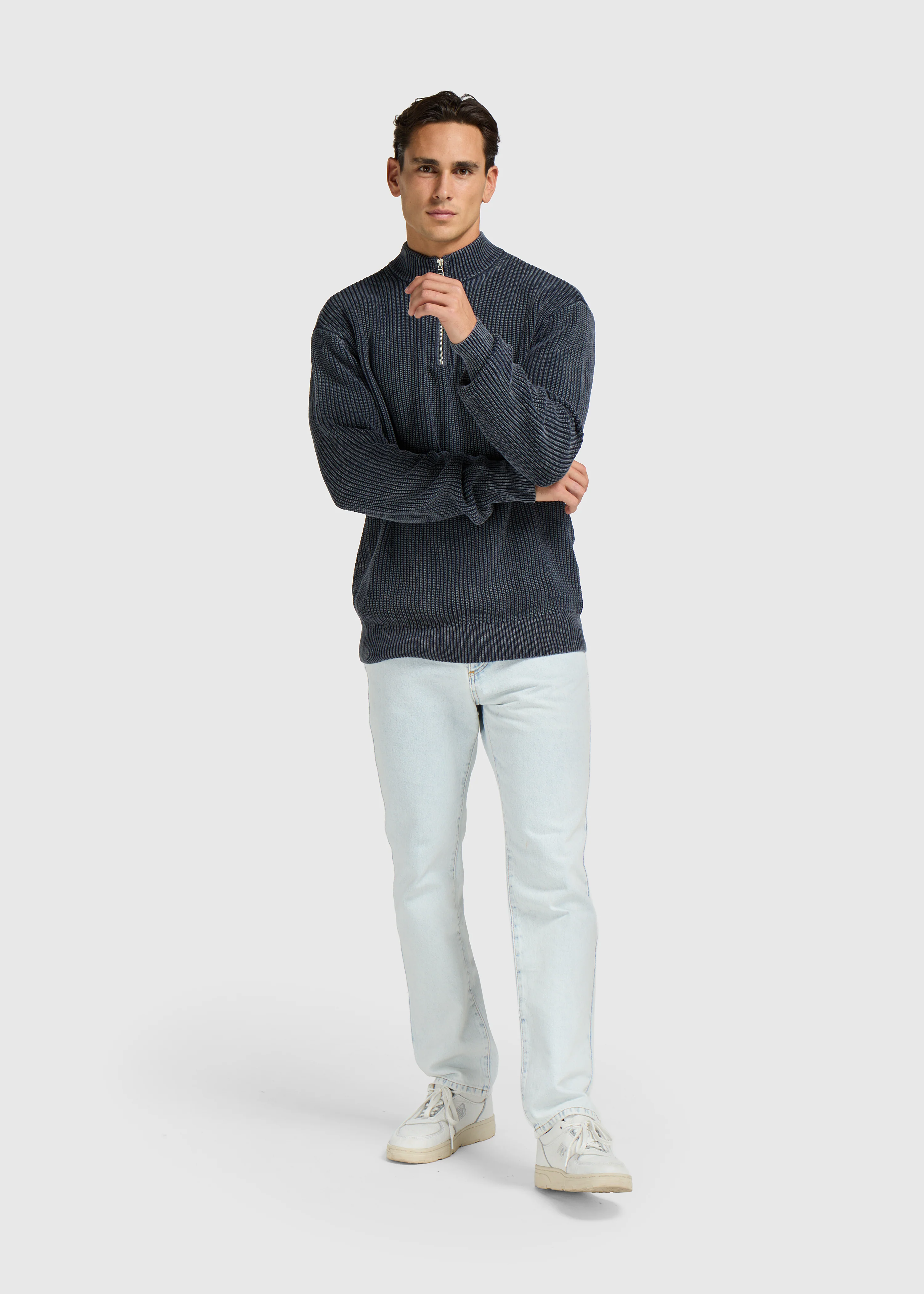 Washed Half Zip Knit - Navy Blue - Image 5