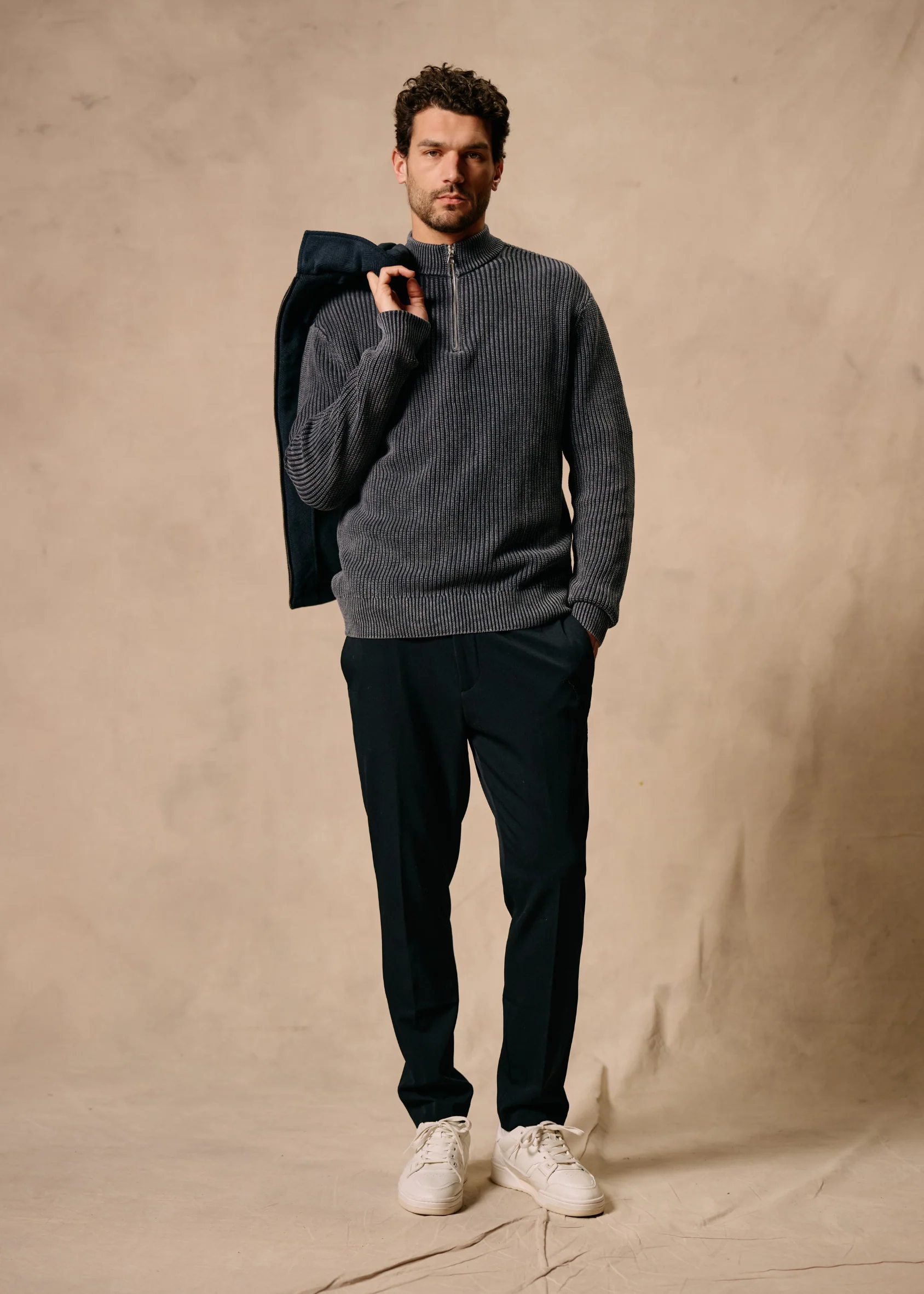 Washed Half Zip Knit - Navy Blue - Image 6